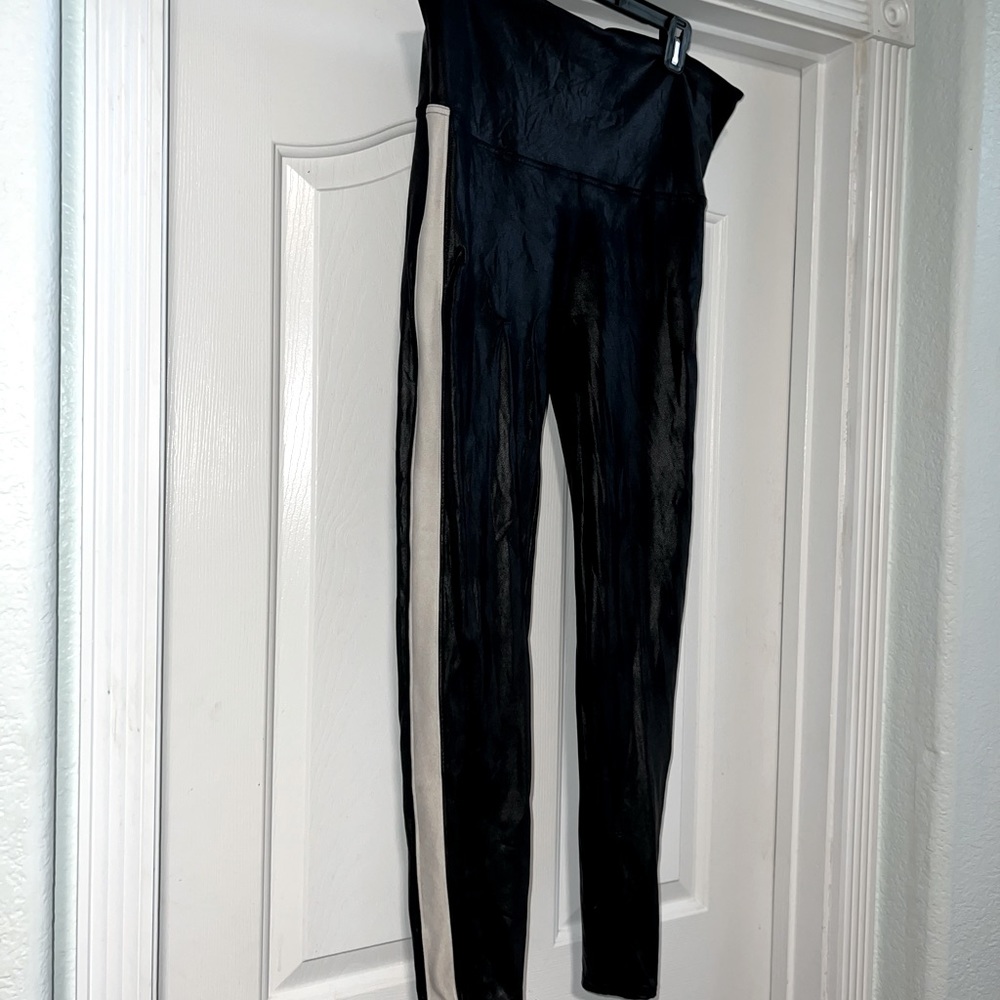 Spanx Faux leather leggings with white stripe